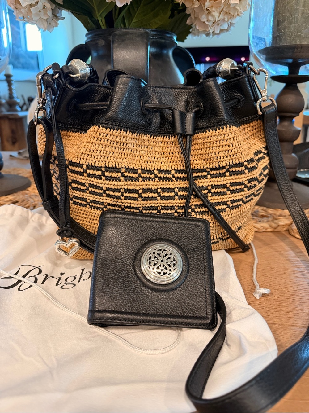 Like New Brighton Black & Tan Woven Bucket Bag with Black Leather Trim